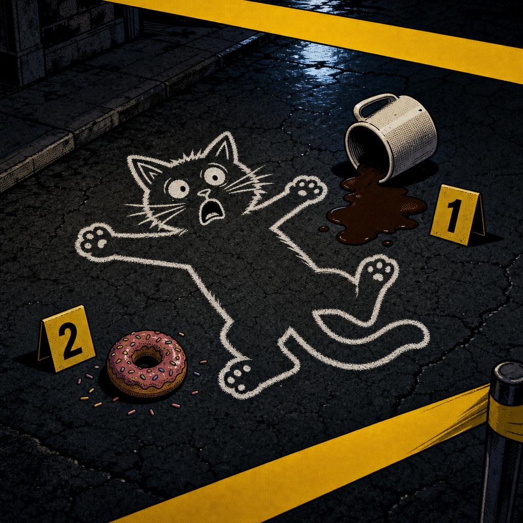 Cartoon cat chalk outline next to spilled coffee and a donut