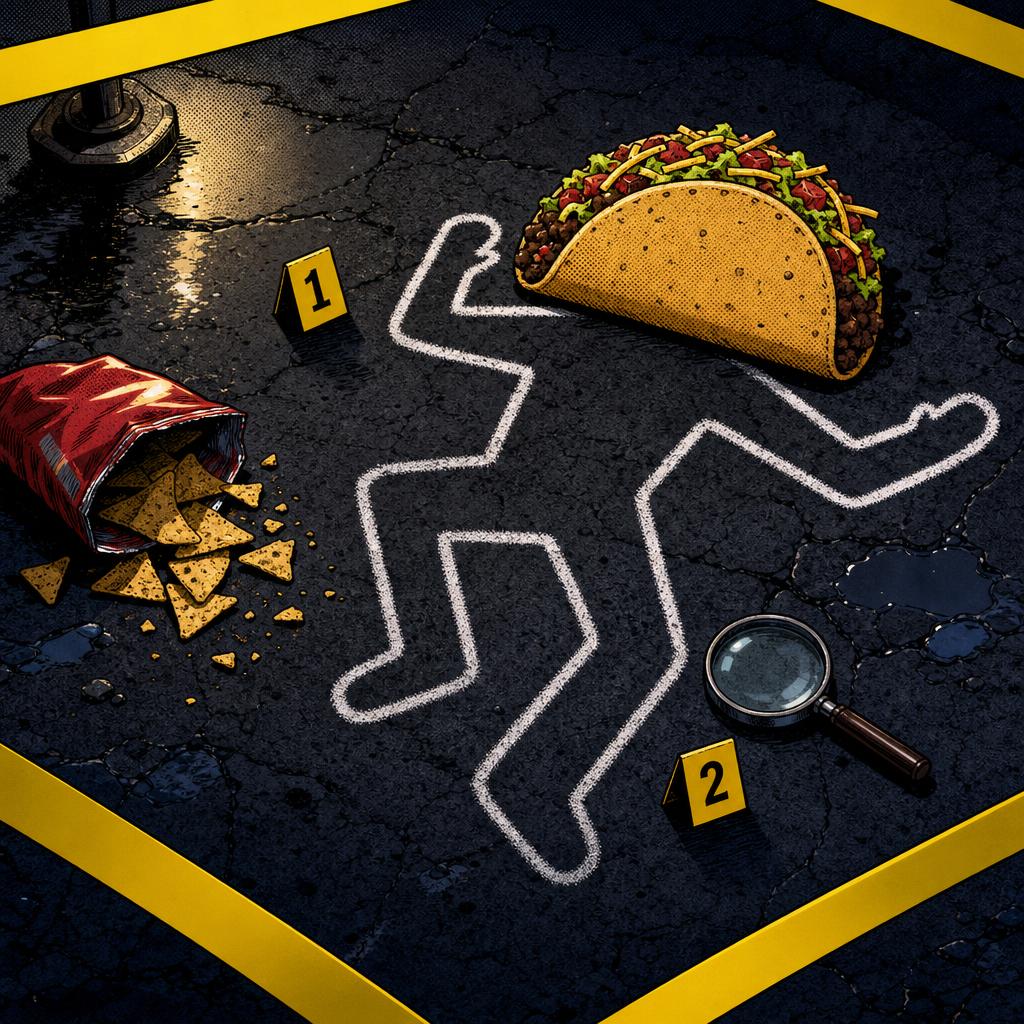 Cartoon taco and chip bag chalk outline with caution tape