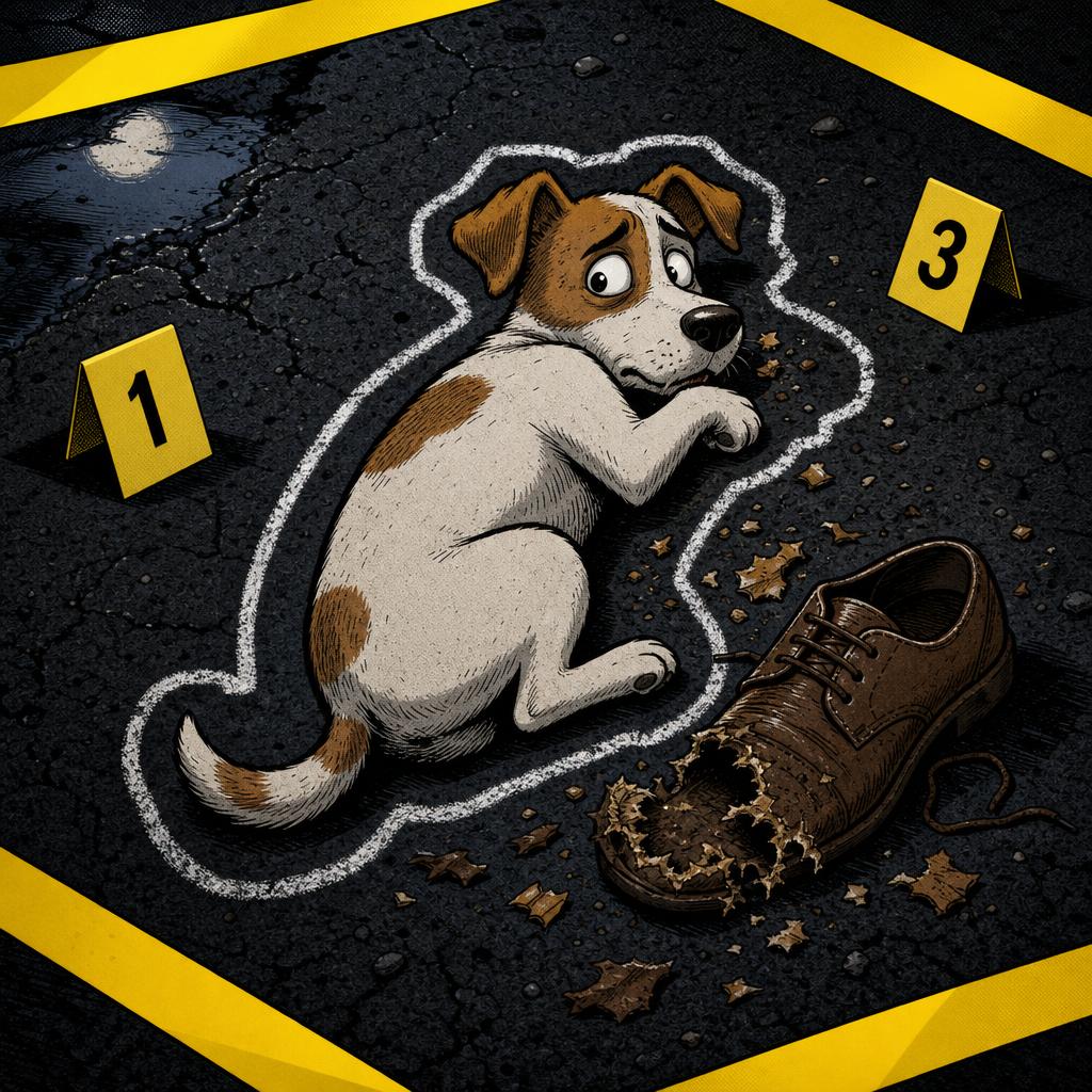 Cartoon guilty dog chalk outline next to a chewed shoe