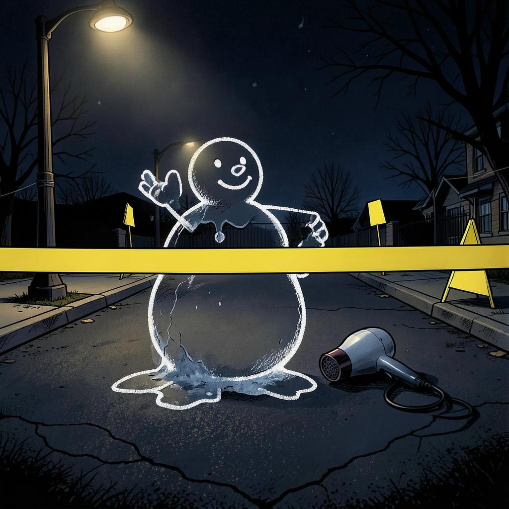 Cartoon melting snowman chalk outline next to a hair dryer