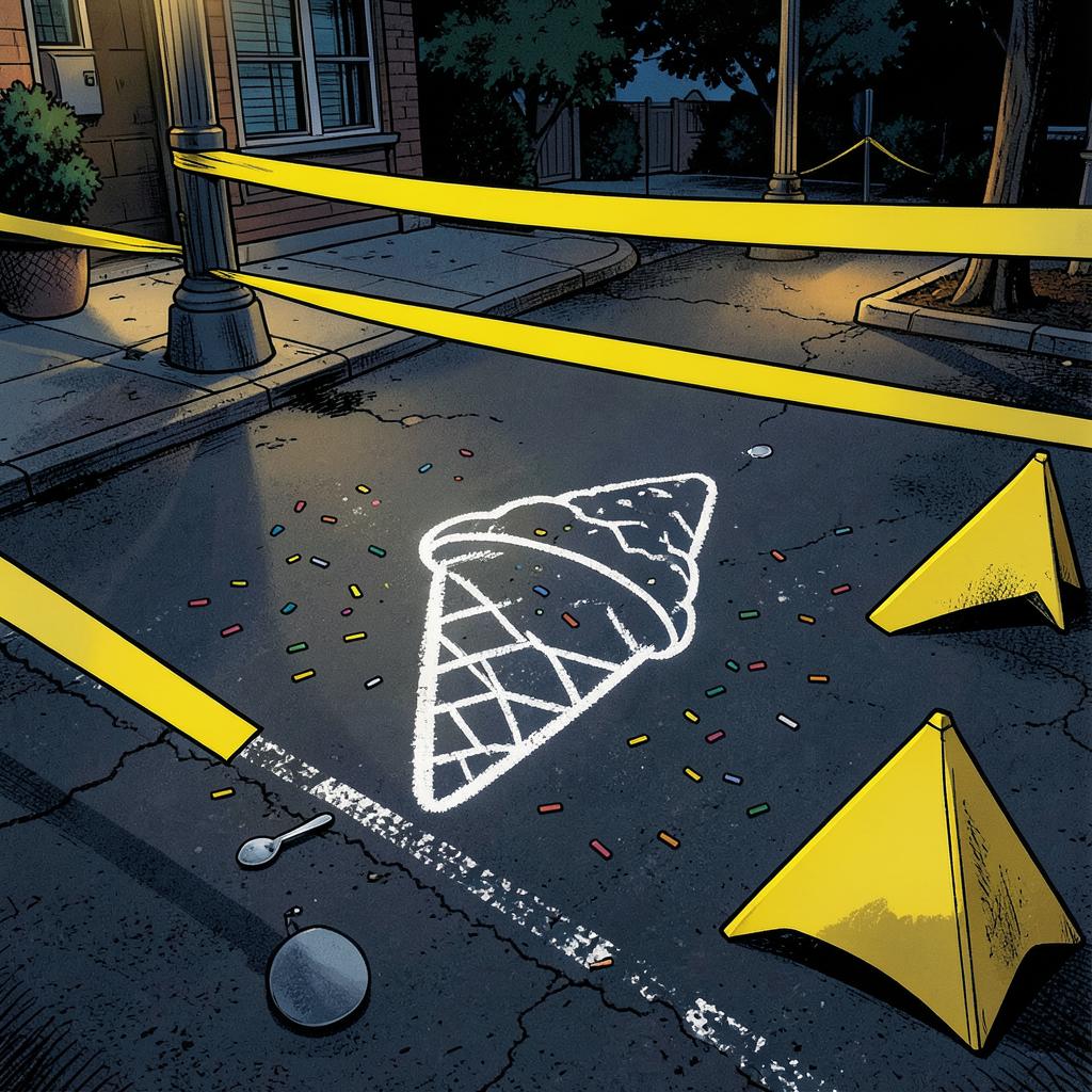 Cartoon dropped ice cream cone chalk outline with scattered sprinkles