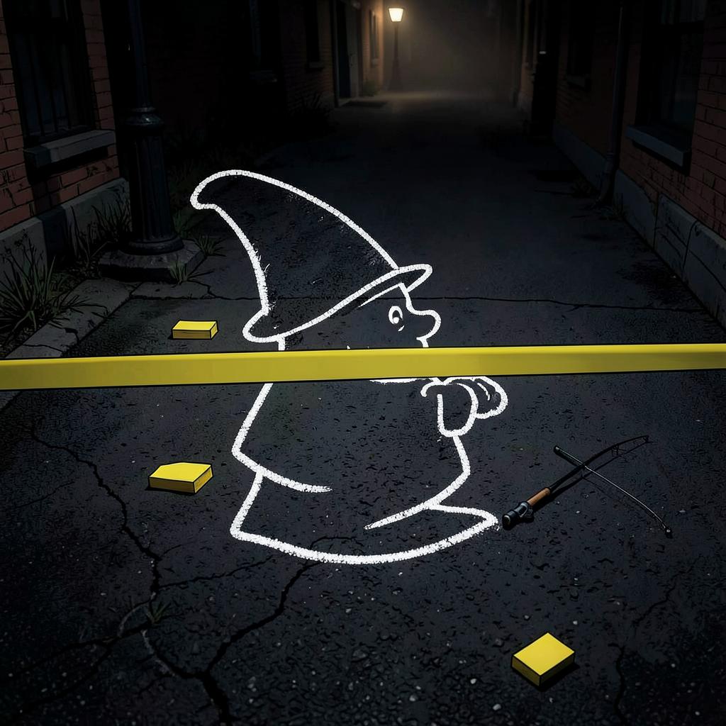 Cartoon garden gnome chalk outline next to a tiny fishing rod