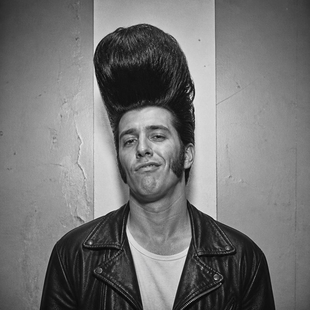 Vintage mugshot of a greaser with a giant pompadour